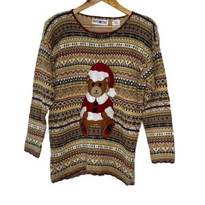 White Stag Sweater Women‎ S Brown Fair Isle Christmas Teddy Bear Knit Fair Isle